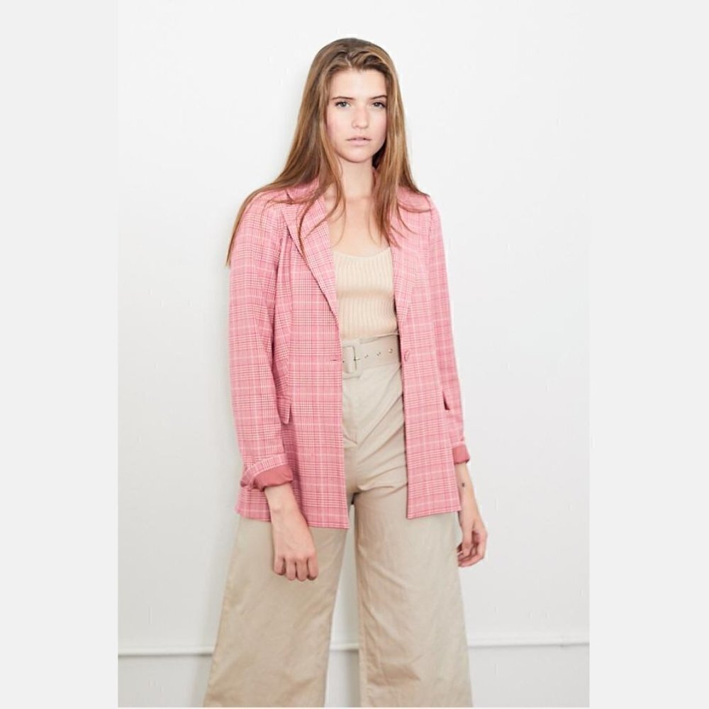 Just Female Maxime Single Breasted Pink Check Plaid Blazer Size S NWT $239 - Picture 3 of 13